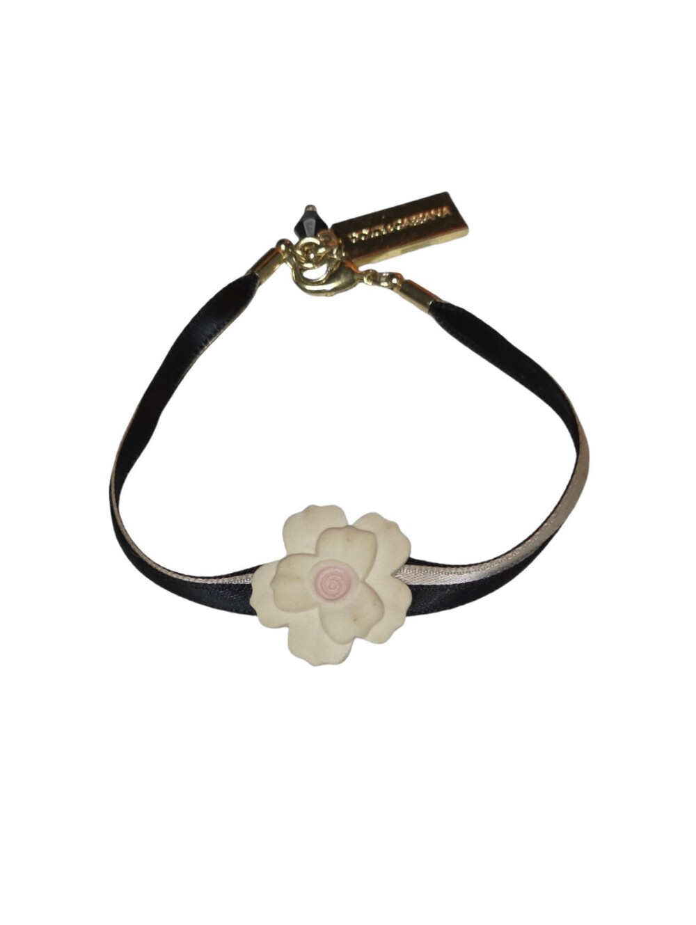 Dolce & Gabbana White & Pink Flower Black & Gold Ribbon Bracelet